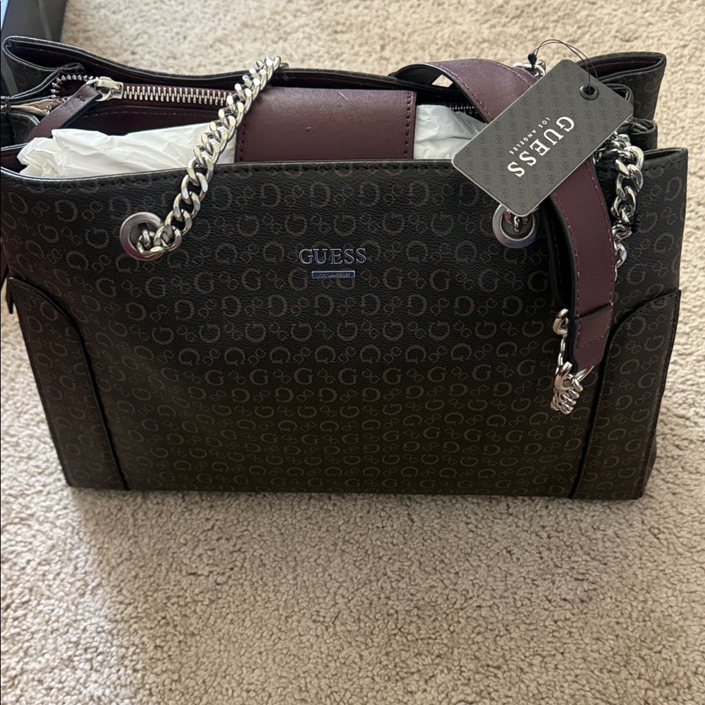 GUESS Brown Monogram Shoulder Bag with Burgundy Accents
